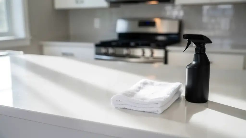 Wiped white quartz counter with a folded microfibre cloth and a black trigger spray bottle