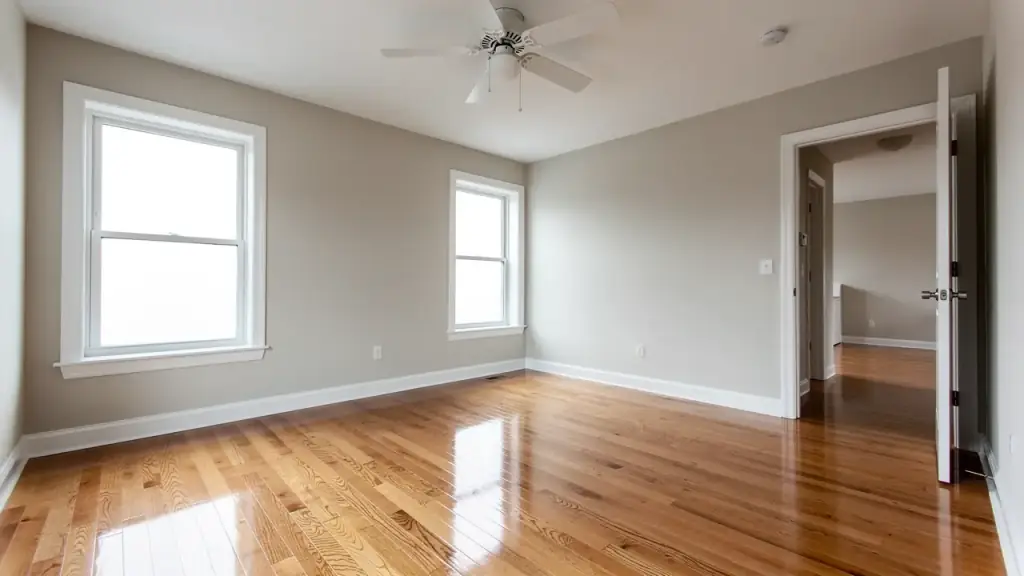 Empty room with a white ceiling fan, a bare light fixture and clean white window trim